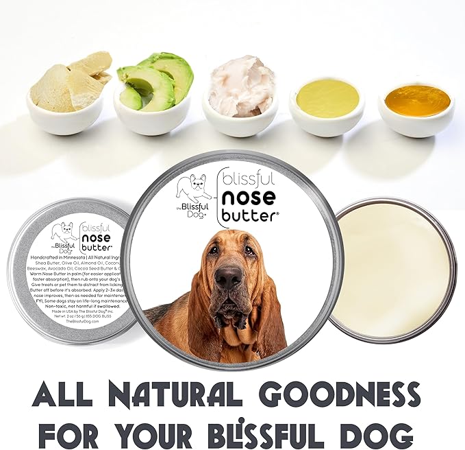 The Blissful Dog Bloodhound Nose Butter for Dry, Cracked Skin, Lick-Safe Dog Nose Balm with Moisturizing Shea Butter, Almond, Olive, and Essential Oils, Pet Supplies, Uncented, 1 oz.