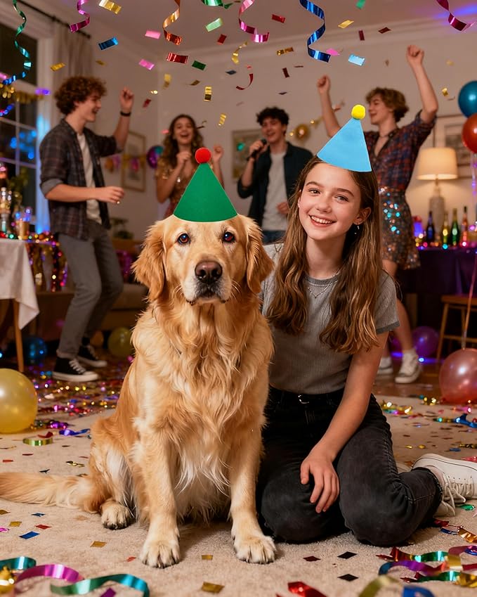 PET SHOW 12 Pack Big Dog Birthday Party Hats for Adults Stuffed Animals Adjustable Holiday Hats Felt Pom Pom Large Dogs Pet Grooming Costume Accessories