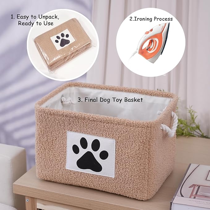 COMFY-HOMI 2Pcs Dog Toy Basket with Metal Collapsible Pet Toy Storage Organizer with Handles-Soft Polyester Fleece Fabric Bin Storage Basket for Shelves, Toys Storage 15"x10.2"x9.5"-Coffee Brown