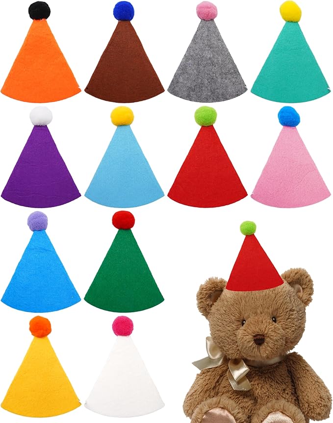 PET SHOW 12 Pack Small Birthday Party Hats for Stuffed Animals Plush Toys Dolls Adjustable Holiday Hats Felt Pom Pom Medium Dogs Pet Grooming Costume Accessories