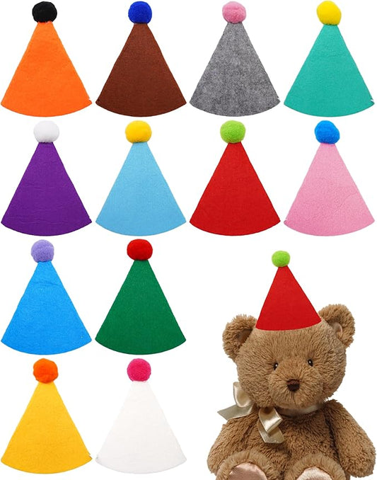PET SHOW 12 Pack Small Birthday Party Hats for Stuffed Animals Plush Toys Dolls Adjustable Holiday Hats Felt Pom Pom Medium Dogs Pet Grooming Costume Accessories
