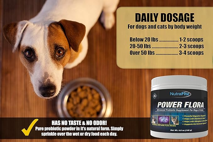 Power Flora - Probiotics for Dogs and Cats with 9 Live Strains - Dog Probiotics Improves Dog Breath, UTI, Diarrhea, Constipation, Skin Allergy, Hot Spots - Odorless Powder - 350 Billion CFU/jar