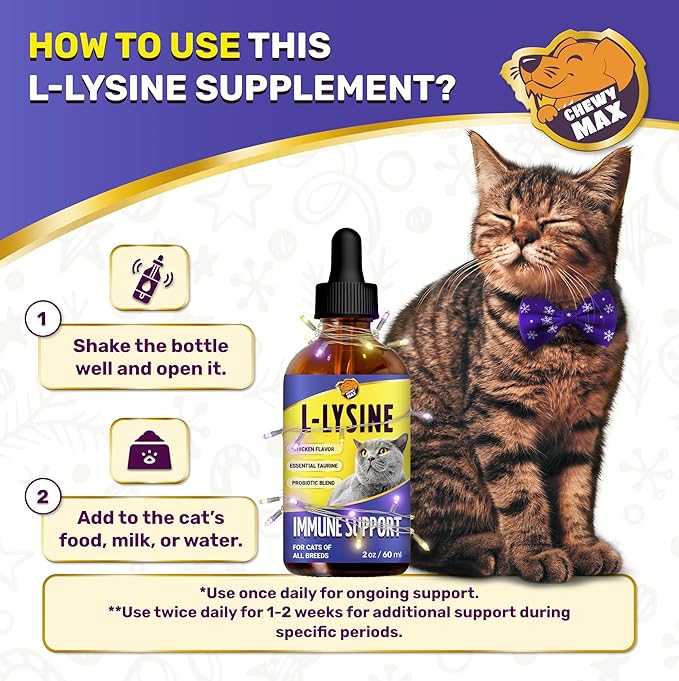 L Lysine for Cats for Respiratory & Immune Support – Cat Antibiotic to Help with Watery Eyes, Cough, Runny Nose, Sneezing – Taurine & Vitamins for Kittens & Senior Ones – Chicken Flavor – 2-Oz Drops