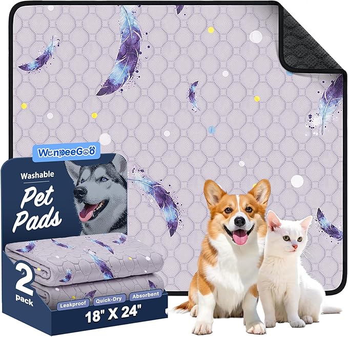 Washable Pee Pads for Dogs, 2Pack Reusable Puppy Pads, Super Absorbent & Leakproof Dog Pads, Anti-Slip Dog Pee Pads for Puppy Training & Incontinence, Feather Pattern 18"x24"