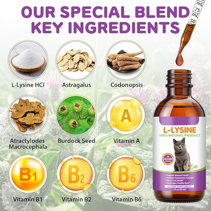 Cat L-Lysine Supplement for Immune & Respiratory Support 60ml, Support for Sneezing, Runny Nose & Eye Function, L-lysine Drops Roast Chicken Flavor.