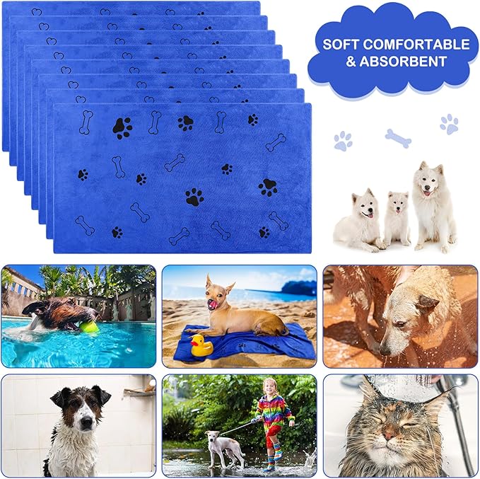 Chumia 8 Pcs Dog Towels for Drying Dogs Cats Pet Towels Bulk Puppy Microfiber Quick Drying Paw Bath Bathing Supplies Absorbent for Medium Pets(Dark Blue,40 x 24 Inch)