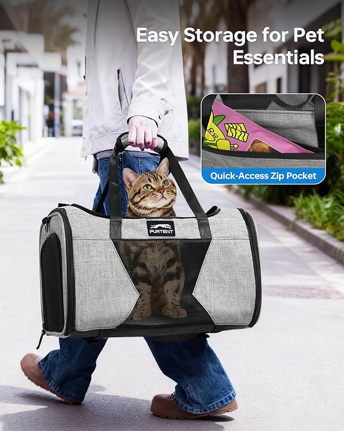 Pet Carrier with Removable Wheels American Airline Approved, Rolling Cat Carrier with Telescopic Handle and Shoulder Strap, Breathable Soft-Sided Carrier with Locking Zipper for Small Cats Dogs(Grey)