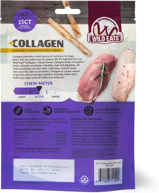 Wild Eats Real Duck Collagen Retriever Sticks for Dogs, (15 Count) - Long Lasting Dog Chew Treat, Rawhide Free, Low Fat, High Protein, Grain Free
