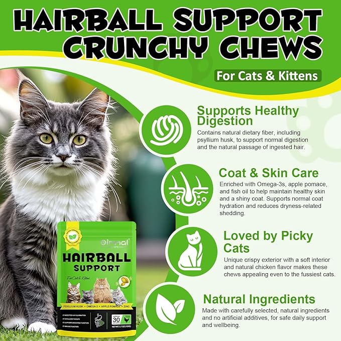 Hairball Treatment for Cats, Cat Treats Hairball Remedy Crunchy & Creamy Chews Supports Skin & Coat, Vitamins for Digestion, Chicken (30-Day Supply)-2PCS