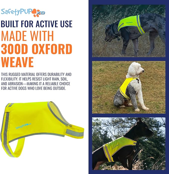 SafetyPUP XD Lite Dog Vest. Coverage to Mid Back. Reflective Hi Visibility Fluorescent Yellow Fabric Helps to Keep Them in Sight and Safe On and Off Leash.