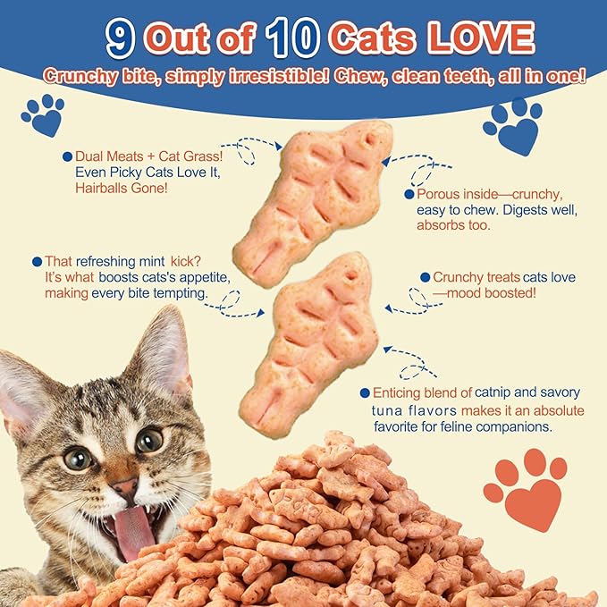 17.6 oz Cat Grass Treats for Indoor Cats - Hairball Control Natural Tuna & Catnip Flavor Healthy Kitten Snacks Crunchy Training Biscuits for Dental Cleaning
