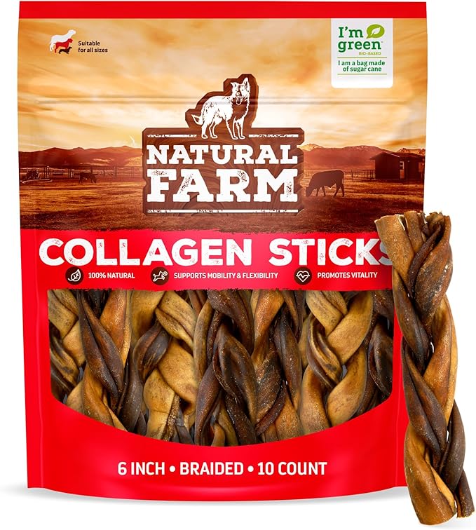 Natural Farm Braided Collagen Chews for Dogs (6 Inch, 10 Pack), Collagen Sticks, Natural Dog Chews, Long Lasting, for Small, Medium and Large Dogs, Odor-Free, Rawhide Alternative