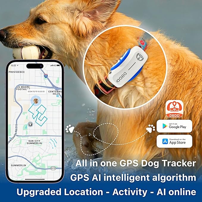 AI GPS Tracker for Dogs (30lbs+), Real Time Location and AI Vet Health Management, Electronic Fence, Waterproof, iOS and Android Universal（White）