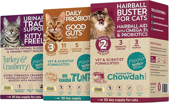 Meowbiotics Cat Probiotic Powder for Urinary, Gut, Immune Health, Variety Pack Kitty P. Freely Urinary Care, Hairball Buster, Good Guts Digestive Support Food Topper Supplement Made in USA 30d Supply