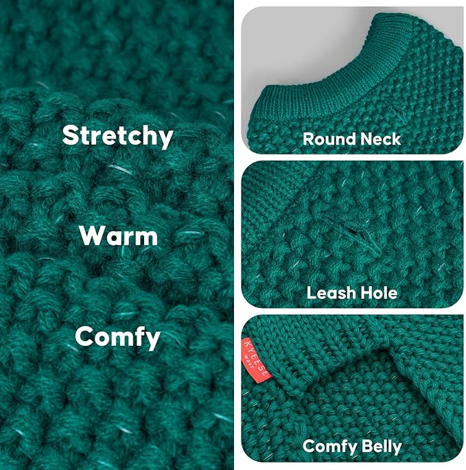 KYEESE Dog Christmas Sweater with Leash Hole for Small Dogs Male Warm Pullover with Reflective Thread Soft Knitwear Boy Dog Clothes Cozy Lightweight Thick Sweater Pet Indoor Outdoor Wear,Green,X-Small