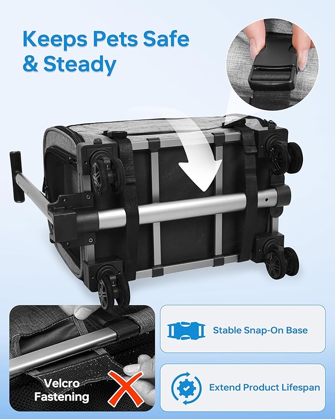 Pet Carrier with Removable Wheels American Airline Approved, Rolling Cat Carrier with Telescopic Handle and Shoulder Strap, Breathable Soft-Sided Carrier with Locking Zipper for Small Cats Dogs(Grey)