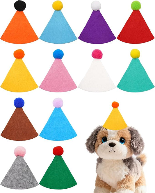 PET SHOW 12 Pack Mini Birthday Party Hats for Stuffed Animals Toys Dolls Adjustable Holiday Hats Felt Pom Pom Small Dog Cats Kitten Pet Grooming Costume Accessories