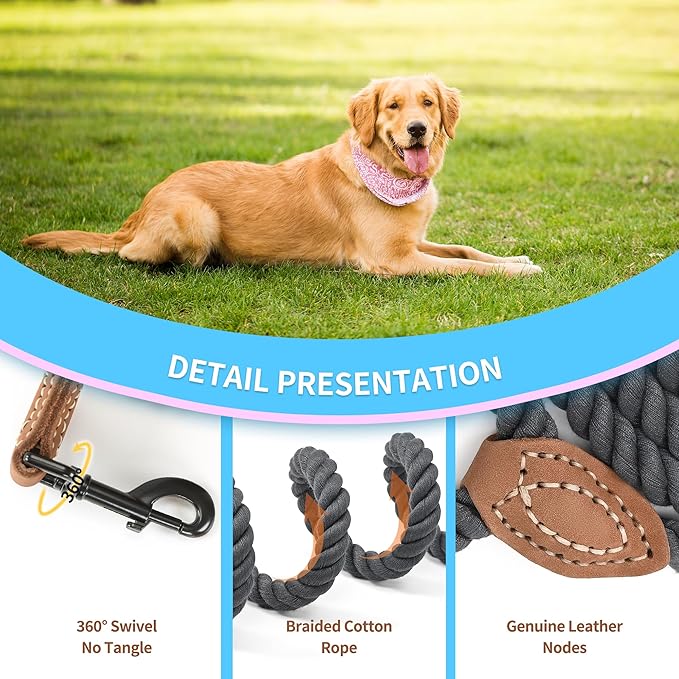 Mile High Life Short Dog Leash, Braided Cotton Rope Leashes with Leather Tip - Heavy Duty Metal Clasp, 18IN, 1/2" Thick - Wedding, Walking & Training Leash for Medium Large Dogs