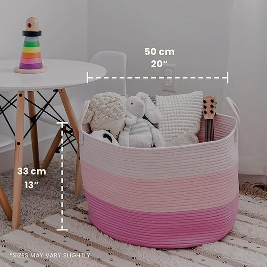 OrganiHaus Large Woven Storage Basket for Blankets and Toys 20" x 13" Inch, Rope Laundry Basket with Handles, Cushions & Pillows Storage Bin, Nursery Hamper, Soft Round Dog Toy Bin - Pink