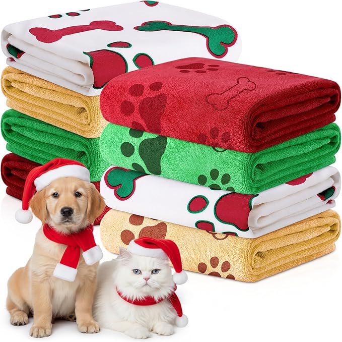 Chumia 8 Pcs Dog Towels for Drying Dogs Cats Pet Towels Bulk Puppy Microfiber Fast Drying Paw Bath Bathing Supplies Absorbent for Medium Pets (Christmas Color,40 x 24 Inch)
