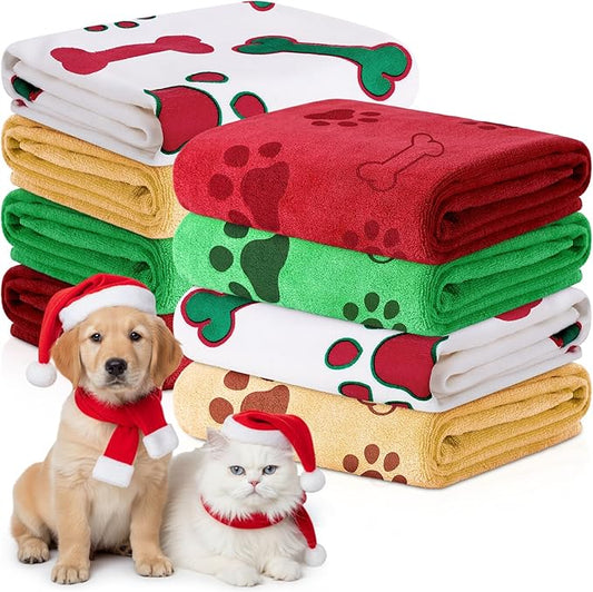 Chumia 8 Pcs Dog Towels for Drying Dogs Cats Pet Towels Bulk Puppy Microfiber Fast Drying Paw Bath Bathing Supplies Absorbent for Medium Pets (Christmas Color,40 x 24 Inch)