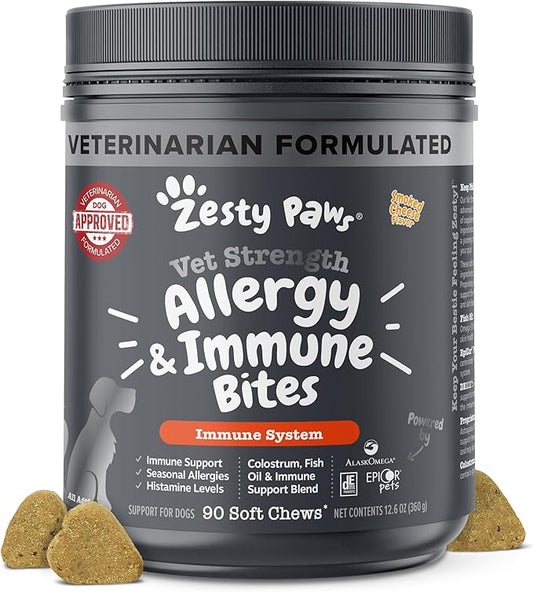 Zesty Paws Vet Strength Dog Allergy Relief Chews, Dog Probiotics for Itchy Skin and Ears, Smoked Cheese, 90ct
