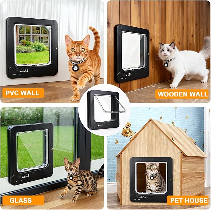 Smart Cat Door for Interior & Exterior, RFID Cat Pet Door with 3 Collar Sensor Keys & 1 Remote Control & 4 Way Locking Cat Flap with Collar Sensors Activated Opening CatDoor (Black)