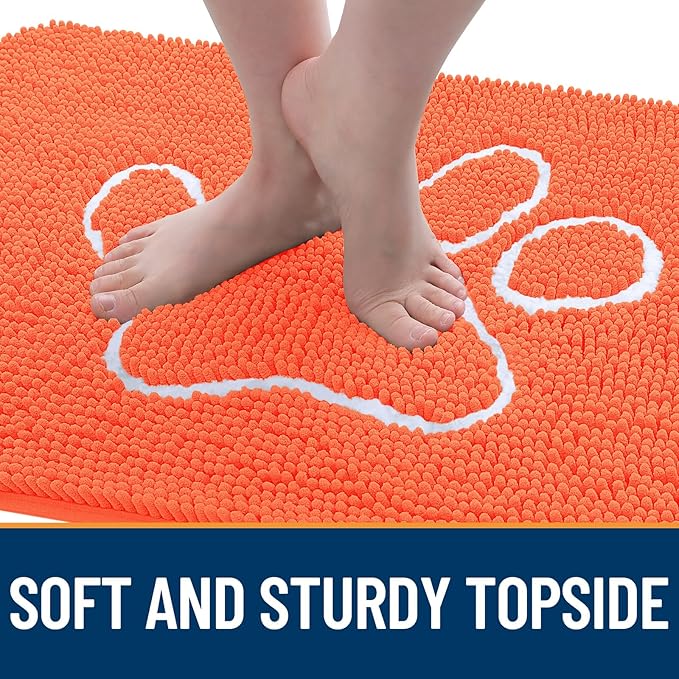 OLANLY Dog Door Mat for Muddy Paws 36x24, Paw Print Design, Absorbs Moisture and Dirt, Absorbent Non-Slip Washable Doormat, Quick Dry Chenille Mud Mat for Dogs, Entry Indoor Entryway Carpet, Coral