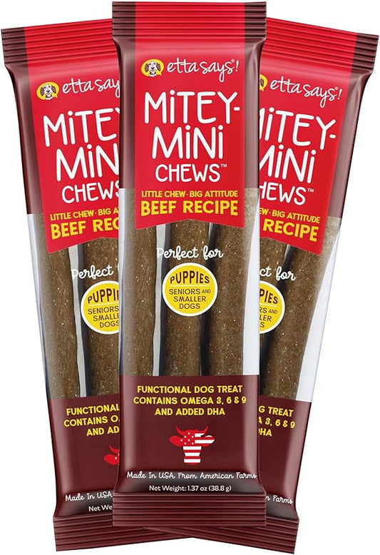 etta says! Mitey Mini Chews Dog Treats - Made in The USA - Grain-Free and Odor-Free - All-Natural Dog Chews - Perfect for Puppies and Senior Dogs - with Omega 3, 6, and 9 - Beef - 3 Pack - 9 Count
