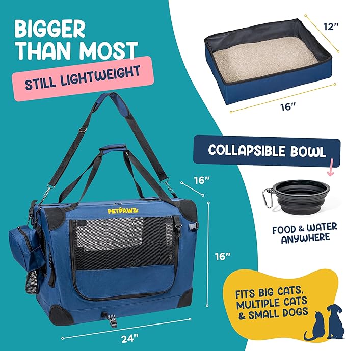 Soft Pet Carrier & Dog Carrier with Travel Litter Box & Collapsible Bowl – Large Cat Carrier & Small Dog Crate for Car, Vet Visits, Home & Traveling