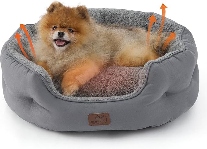 Bedsure Self Warming Dog Beds for Small Dogs - Round Medium Cat Beds for Indoor Cats, Washable Pet Bed for Puppy and Kitten with Slip-Resistant Bottom, 25 Inches, Self Warming Grey, Non-Electric