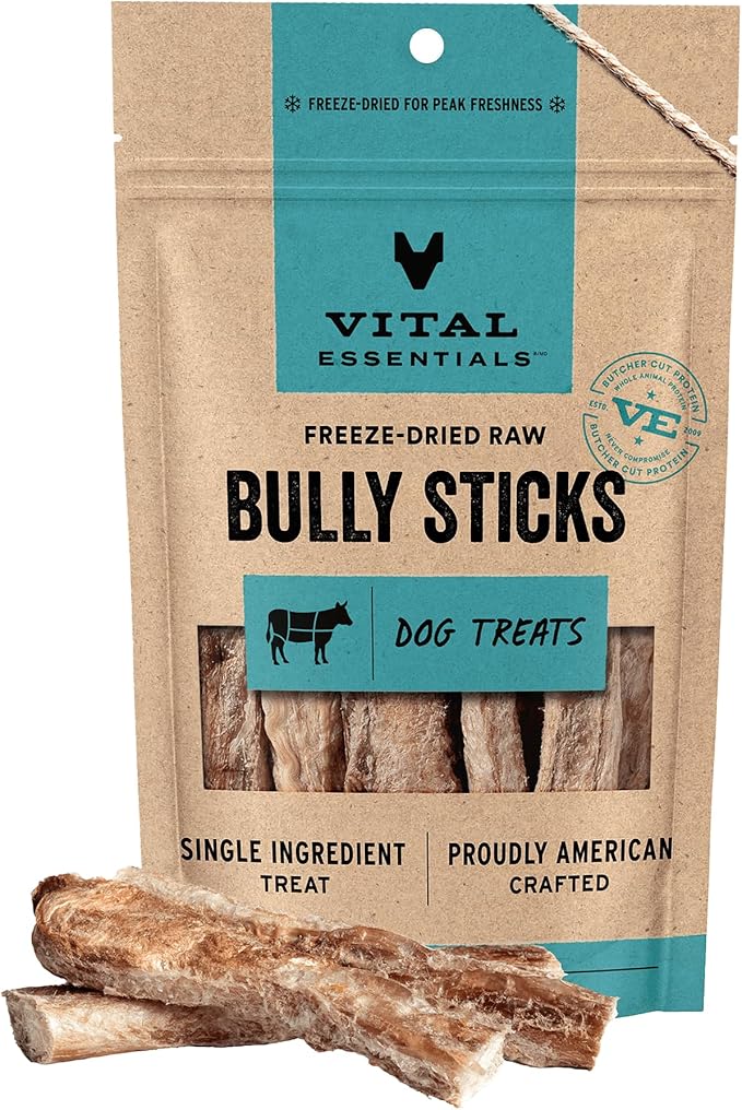 Vital Essentials Single Ingredient Bully Sticks Dog Treats, 1.4 oz | Freeze-Dried Raw | Premium Quality High Protein Training Treats | Grain Free, Gluten Free, Filler Free