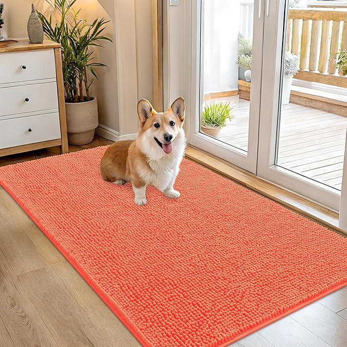 OLANLY Dog Door Mat for Muddy Paws 54x32, Absorbs Moisture and Dirt, Absorbent Non-Slip Washable Doormat, Quick Dry Chenille Mud Mat for Dogs, Entry Indoor Entryway Carpet for Inside Floor, Coral