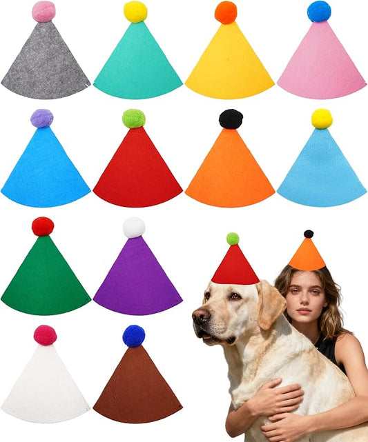PET SHOW 12 Pack Big Dog Birthday Party Hats for Adults Stuffed Animals Adjustable Holiday Hats Felt Pom Pom Large Dogs Pet Grooming Costume Accessories
