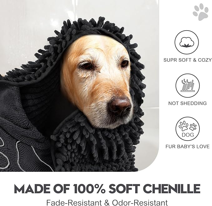 Newwiee 4 Pcs Large Dog Shammy Towel for Drying 32 x 14 in Microfiber Absorbent, Quick Drying Dog Bath Towel with Hand Pocket, Machine Washable for Pet Puppy Cleaning Shower Supplies(Black)