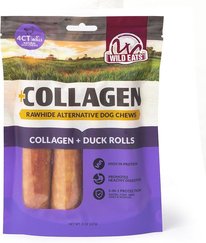 Wild Eats Duck Flavor Collagen Retriever Style Cheek Roll 5" Dog Chews-4 Pack (Long Lasting Dog Chews Treats & Bones for Medium Dogs) Substitute for Pig Ears for Dogs
