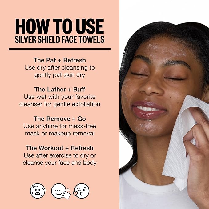 PEACE OUT Silver Shield Face Towels, For Blemish Prone Skin, Disposable Daily Use Skincare, Super Absorbent, Lux Soft Feel, All Skin Friendly, Duel Sided, 30 count