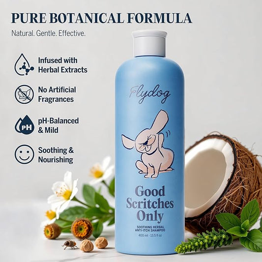 FLYDOG Dog Shampoo Itchy Skin Relief - Honeysuckle Anti Itch Dog Shampoo for Dogs with Sensitive Skin, Hypoallergenic Pet Shampoo for Controls Flaking & Odors, Reduces Shedding(400ml+Brush)