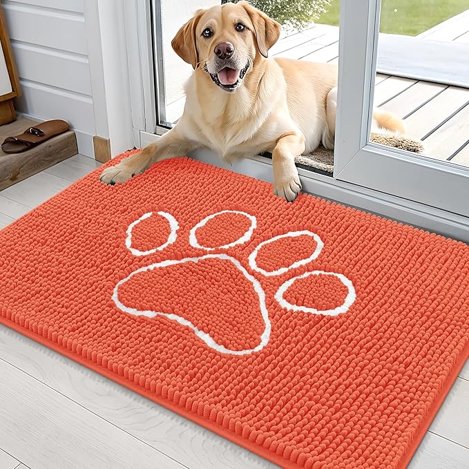 OLANLY Dog Door Mat for Muddy Paws 36x24, Paw Print Design, Absorbs Moisture and Dirt, Absorbent Non-Slip Washable Doormat, Quick Dry Chenille Mud Mat for Dogs, Entry Indoor Entryway Carpet, Coral