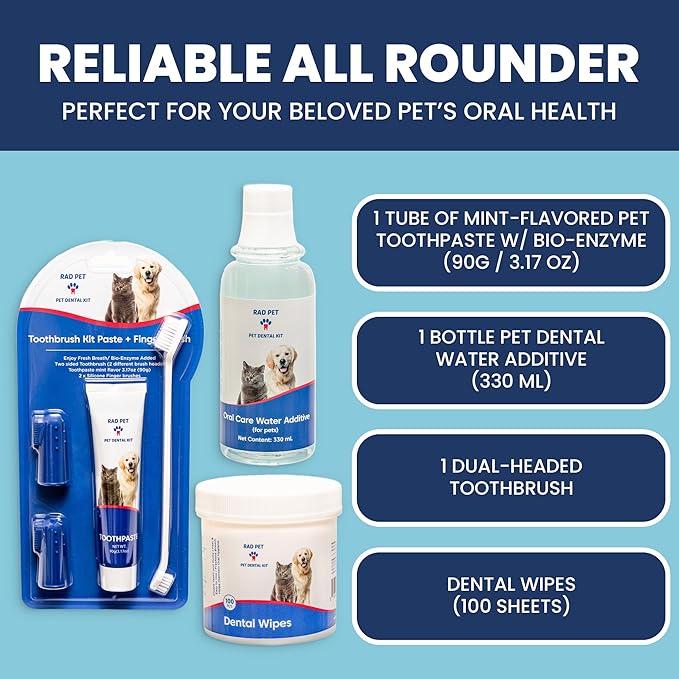 RAD PET - Advanced Pet Dental Hygiene Kit, Vet-Formulated Cat & Dog Tooth Brushing Kit, Complete Oral Care with Cat/Dog Toothbrush and Toothpaste (Enzymatic), Pet Dental Wipes & Water Additive