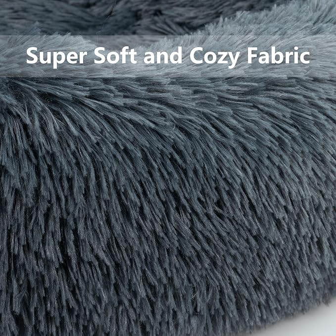 Cat & Dog Beds, Fluffy Round Pet Bed Non-Slip, Calming Soft Plush Donut Cuddler for Indoor Small Dogs Kittens, 15 inches Cat Bed Machine Washable, Dark Gray