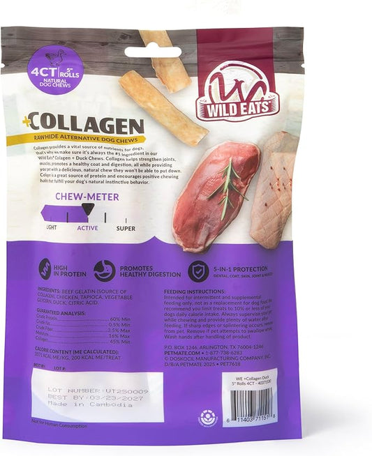 Wild Eats Duck Flavor Collagen Retriever Style Cheek Roll 5" Dog Chews-4 Pack (Long Lasting Dog Chews Treats & Bones for Medium Dogs) Substitute for Pig Ears for Dogs