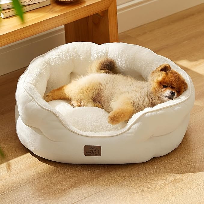 Bedsure Dog Beds for Small Dogs - Round Cat Beds for Indoor Cats, Washable Pet Bed for Puppy and Kitten with Slip-Resistant Bottom, 25 Inches, White