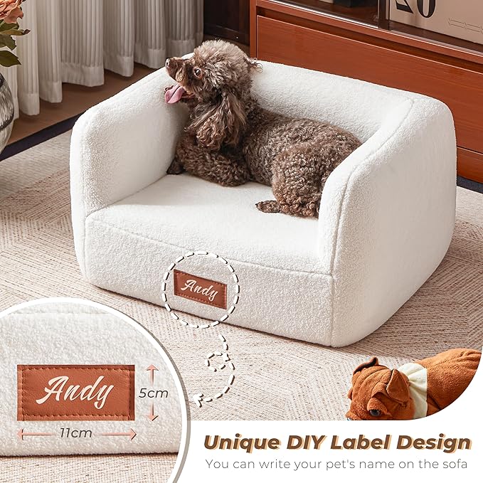 White Faux Shearling Dog Couch Bed for Small Dogs Cats Under 35 lbs, 25.6 Inch Modern Elevated Cat Sofa with Leather Nameplate, Indoor Furniture Style Cute Raised Pet Sofa Bed (Small)