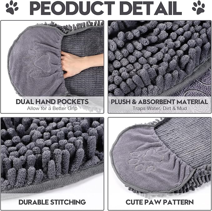 Newwiee 4 Pcs Large Dog Shammy Towel for Drying 32 x 14 in Microfiber Absorbent, Quick Drying Dog Bath Towel with Hand Pocket, Machine Washable for Pet Puppy Cleaning Shower Supplies(Grey)