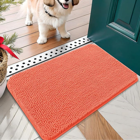 OLANLY Dog Door Mat for Muddy Paws 30x17, Absorbs Moisture and Dirt, Absorbent Non-Slip Washable Doormat, Quick Dry Chenille Mud Mat for Dogs, Entry Indoor Entryway Carpet for Inside Floor, Coral
