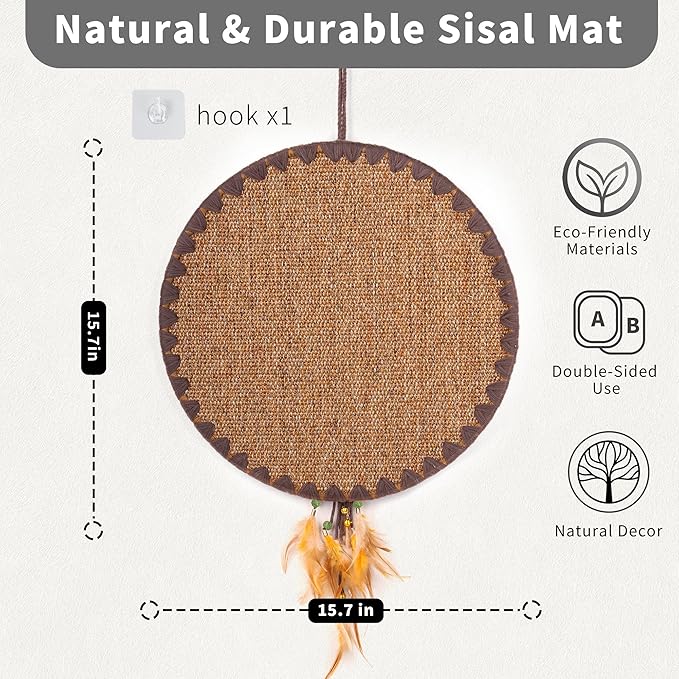 Cat Scratcher Mat for Indoor Cats Modern Carpets Nature Sisal Feather Tassel Round Horizontal Floor Wall Mounted Cat Scratching Pads Furniture Protector for Wall Couch Sofas