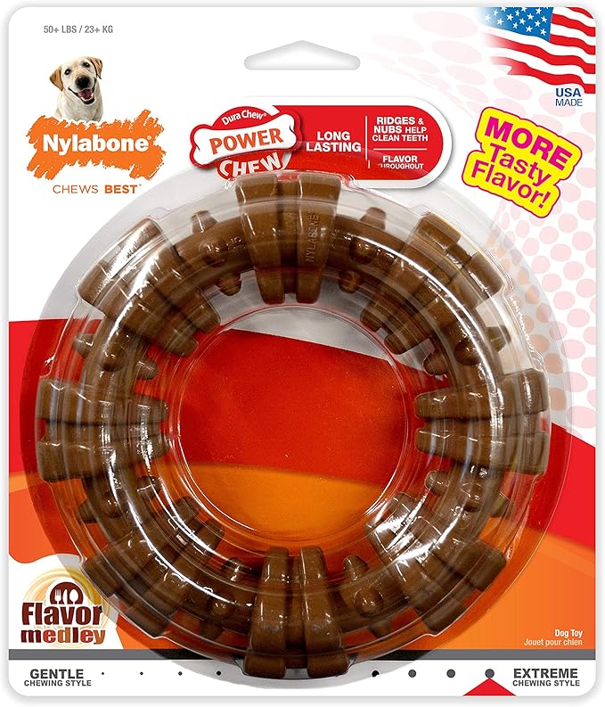 Nylabone Textured Ring Power Chew Toy for Large Dogs, Tough Dog Toys Durable Design, Dog Toys for Extreme Chewers, Flavor Medley, X-Large - 50+ lbs (1 Count)