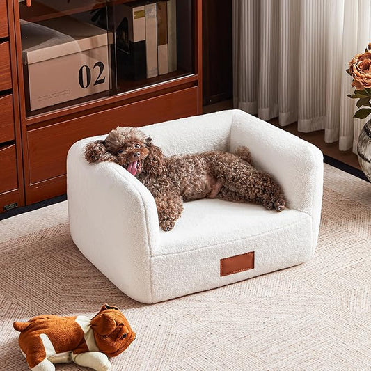 White Faux Shearling Dog Couch Bed for Small Dogs Cats Under 35 lbs, 25.6 Inch Modern Elevated Cat Sofa with Leather Nameplate, Indoor Furniture Style Cute Raised Pet Sofa Bed (Small)