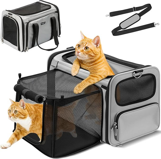 Expandable Cat Carrier, Airline Approved Soft Sided Pet Carrier for Cats & Small Dogs Up to 15 lbs, with Locking Safety Zippers & Cozy Fleece Pad, Portable for Car & Vet Visits, Black